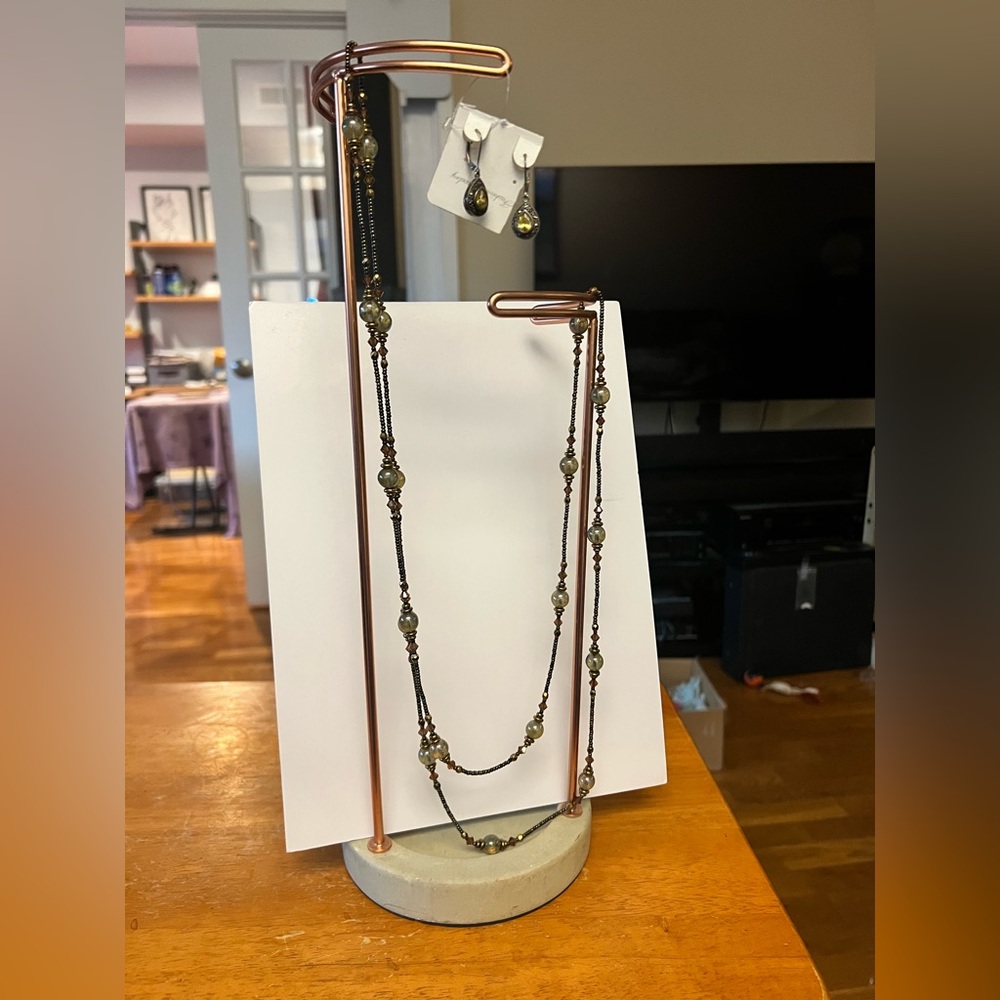 Chic green moss agate Beaded Necklace and sterling silver citrine earrings set